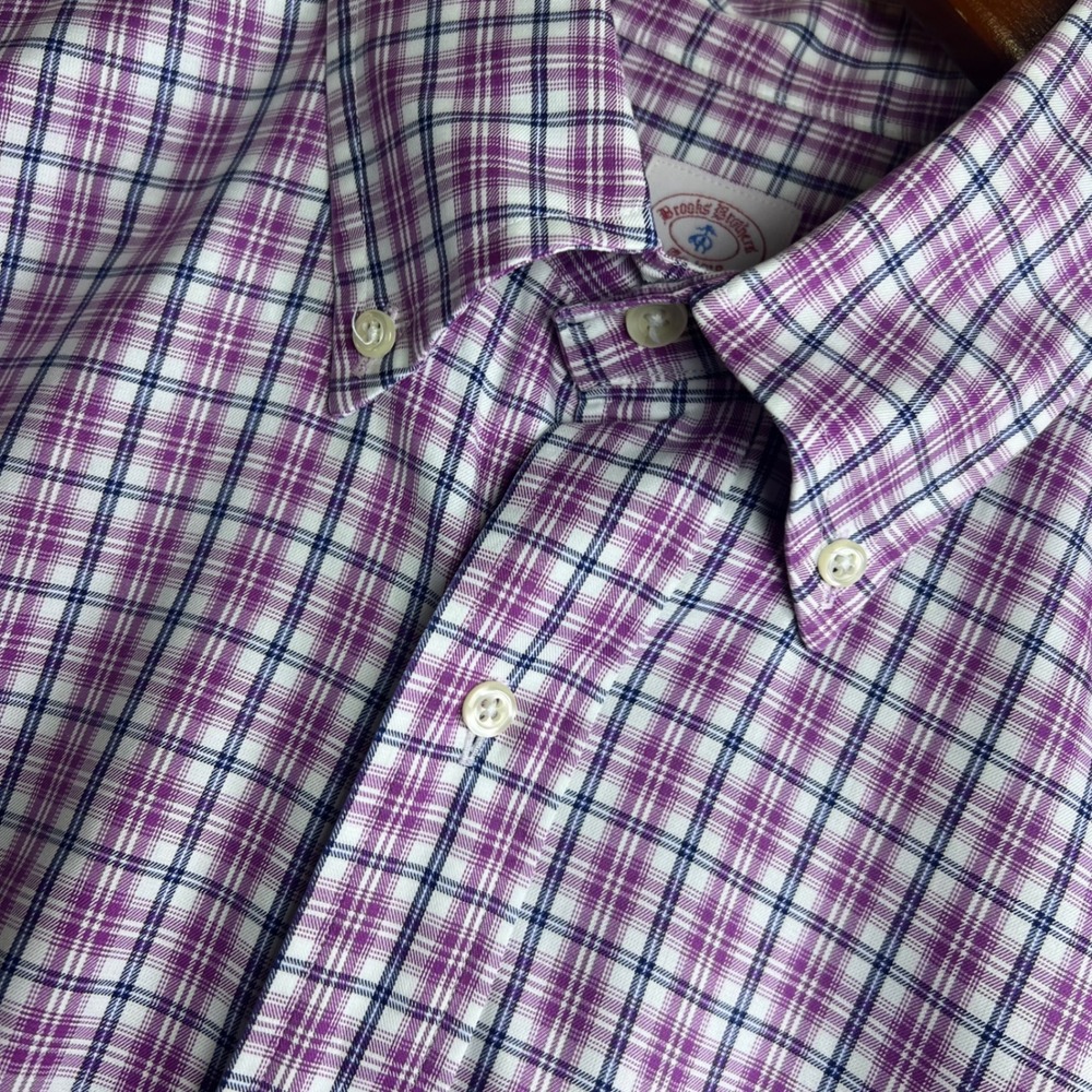 Vintage Brooks Brothers USA OCBD Shirt Mens Plaid Cotton Long Sleeve M Purple